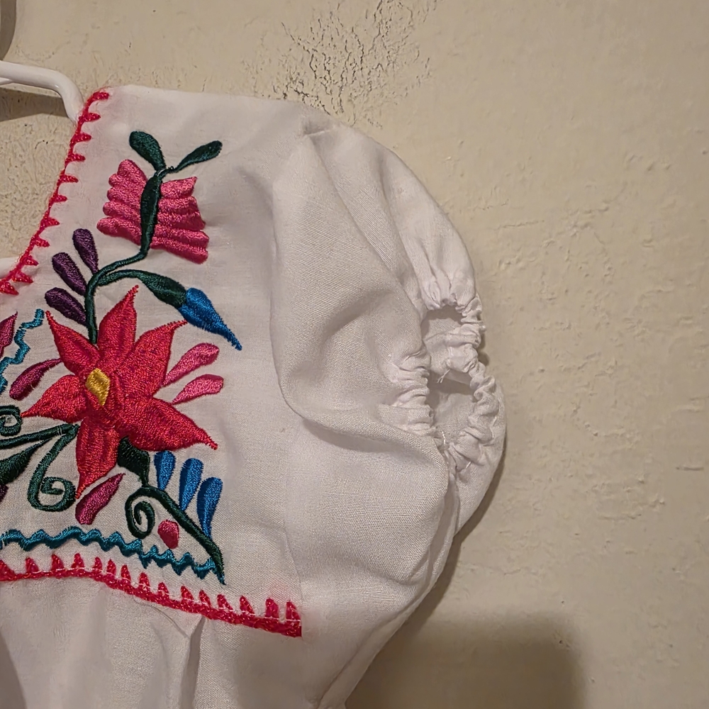 Mexican Colorful Floral Embroidered White Kids Blouse Size 4T - Picture 4 of 8